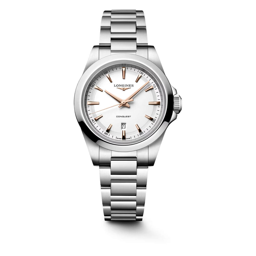 Longines Conquest 30mm White Dial Pink Hands Steel Bracelet Watch
