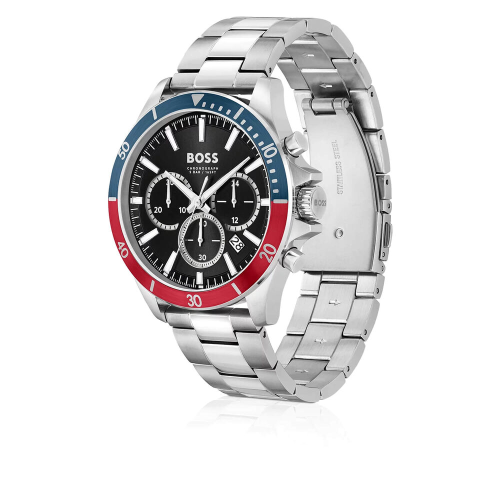 BOSS Troper 44mm Black Dial Chronograph Red & Blue Bezel Steel Bracelet Watch