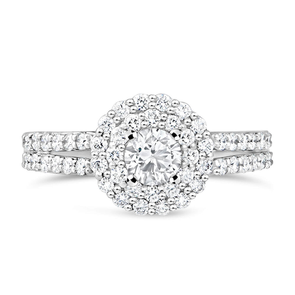 Ladies 18ct White Gold and Diamond Halo Engagement Ring image number 1