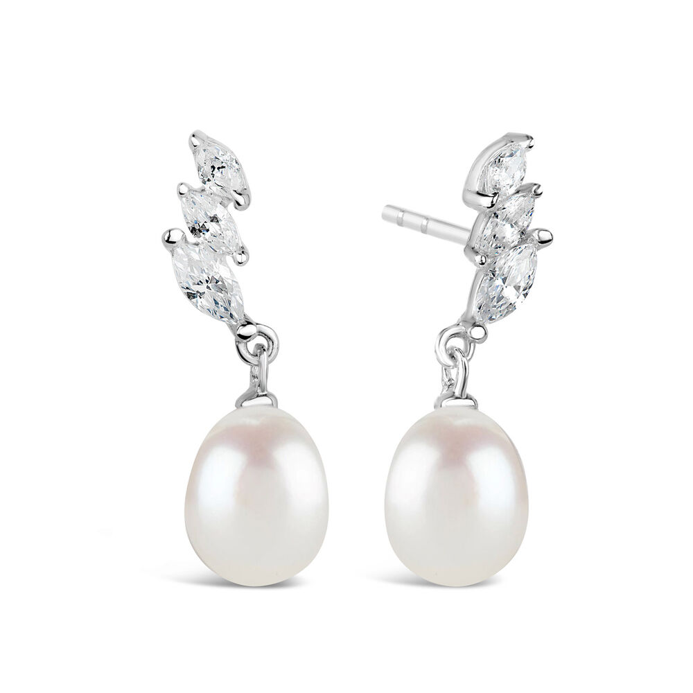 Sterling Silver Three Marquise Cubic Zirconia 3 With forwarding Pearl Drop Earrings image number 1