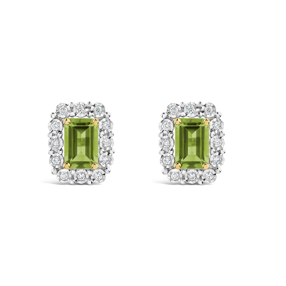 9ct Yellow Gold Peridot 0.11ct Diamond Halo Stud Earrings image number 0