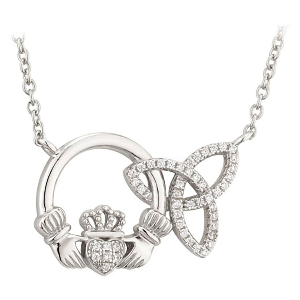 Ladies Sterling Silver and Cubic Zirconia Interlinked Claddagh and Trinity knot pendant image number 0