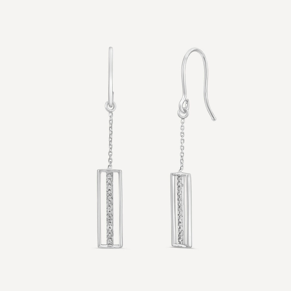 9ct White Gold Open Rectangle Cubic Zirconia Centre Bar Drop Earrings image number 1