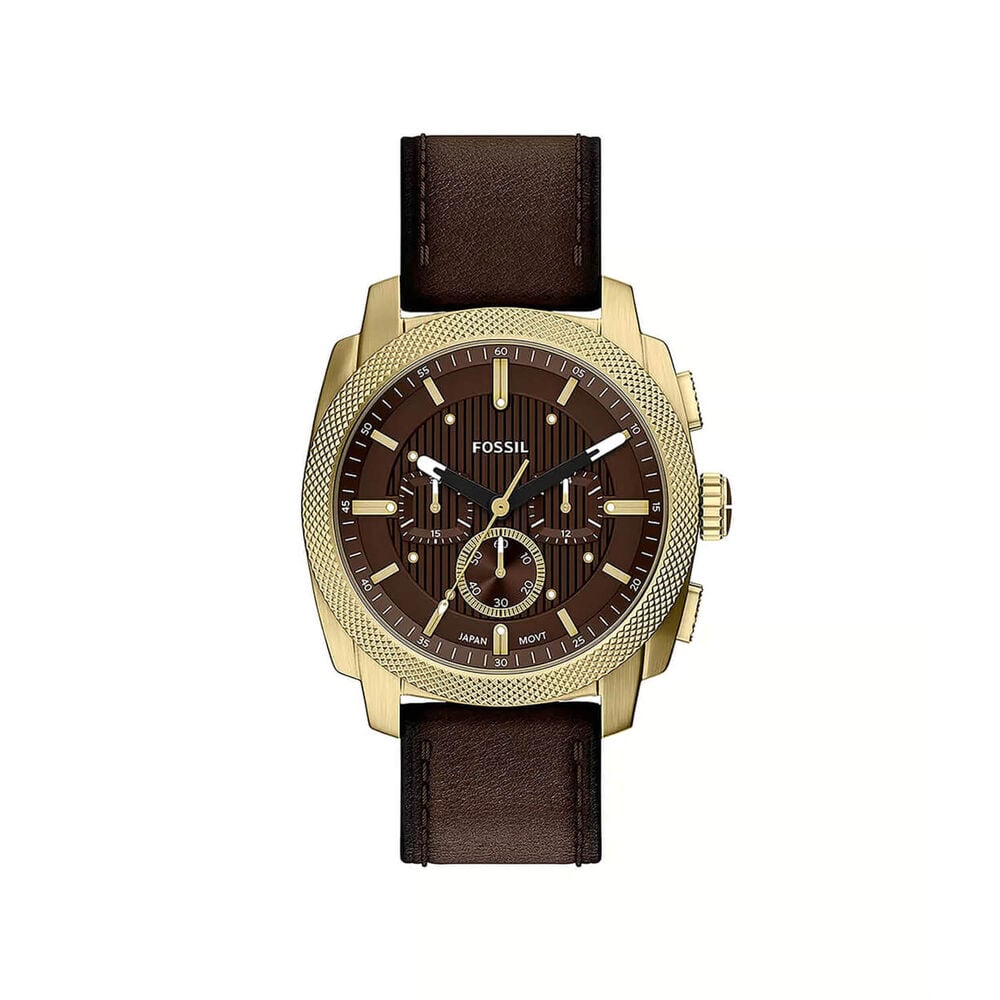 Fossil Machine 44mm Brown Dial Gold Tone Case Brown Leather Strap Watch
