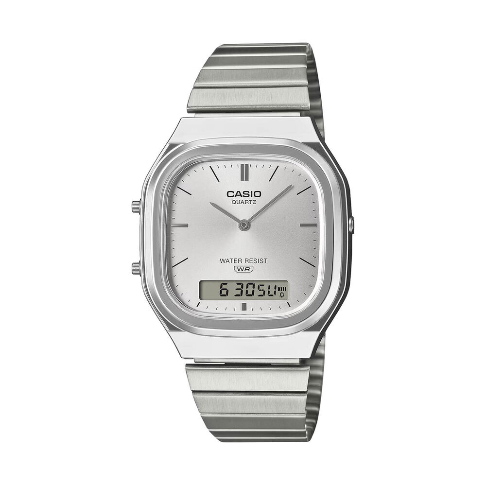 Casio Vintage 40.9x35.8mm Silver Dial Dual Display Stainless Steel Bracelet Watch