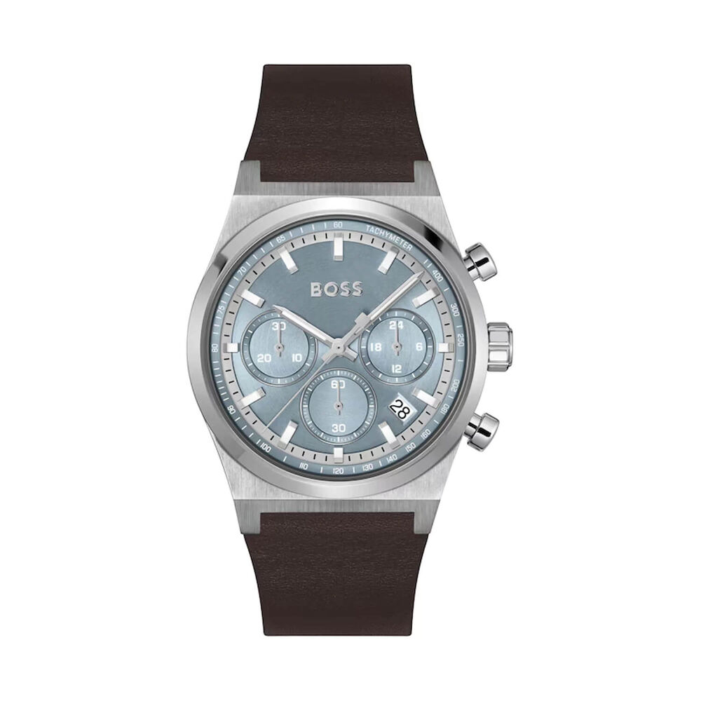 BOSS Candor Chronograph 41mm Ice Blue Dial Brown Leather Strap Watch image number 0