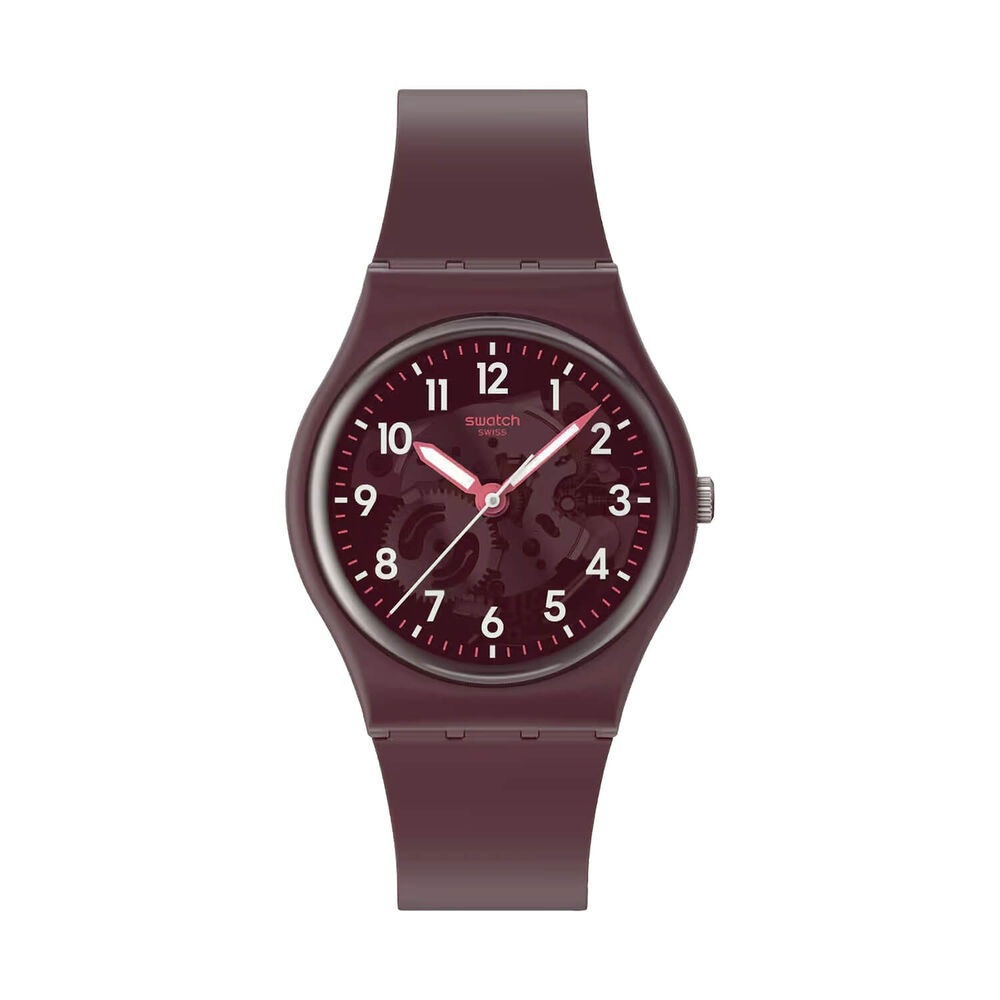 Swatch Thru The Crown Glass 34mm Burgundy Dial Silicone Strap Watch image number 0