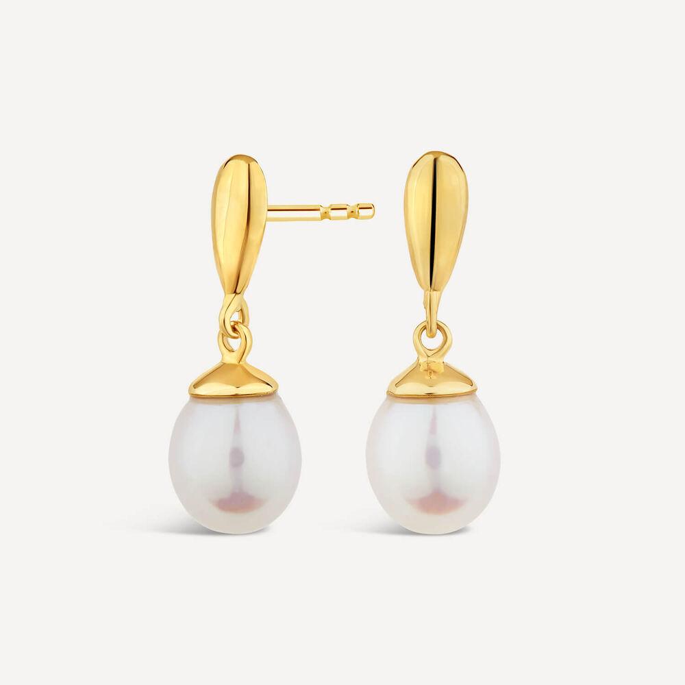 9ct Yellow Gold Polished Top Pearl Drop Earrings image number 1