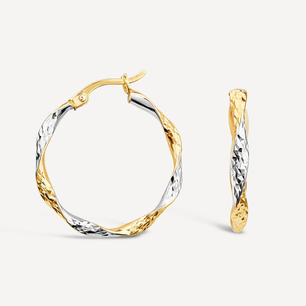 9ct Yellow & White Gold 20mm Diamond Cut Twist Hoop Earrings image number 1