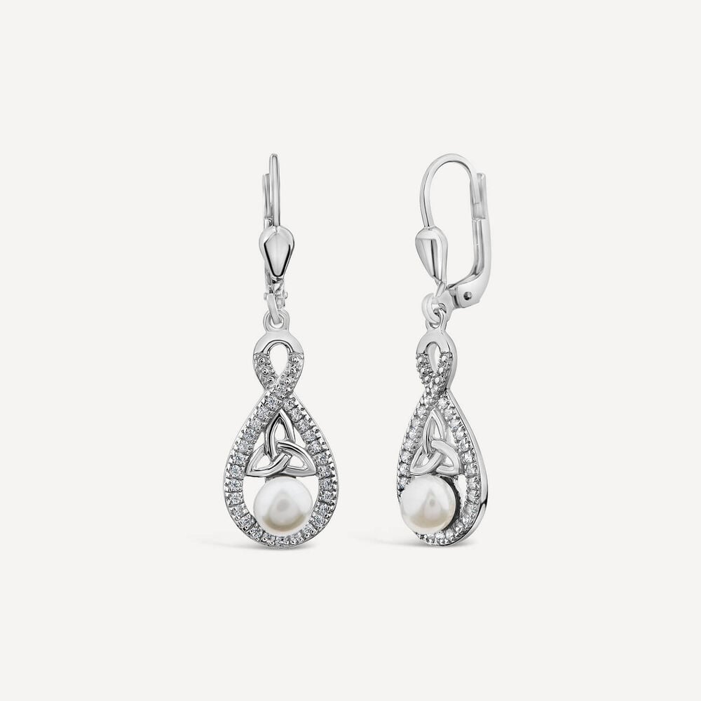 Sterling Silver Pearl & Cubic Zirconia Trinity Knot Drop Earrings