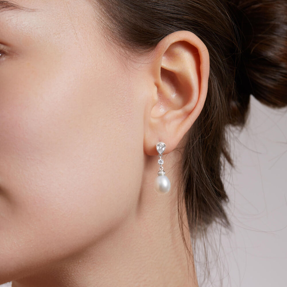 9ct White Gold Oval Freshwater Pearl and Cubic Zirconia Round and Pear Top Drop Earrings image number 2