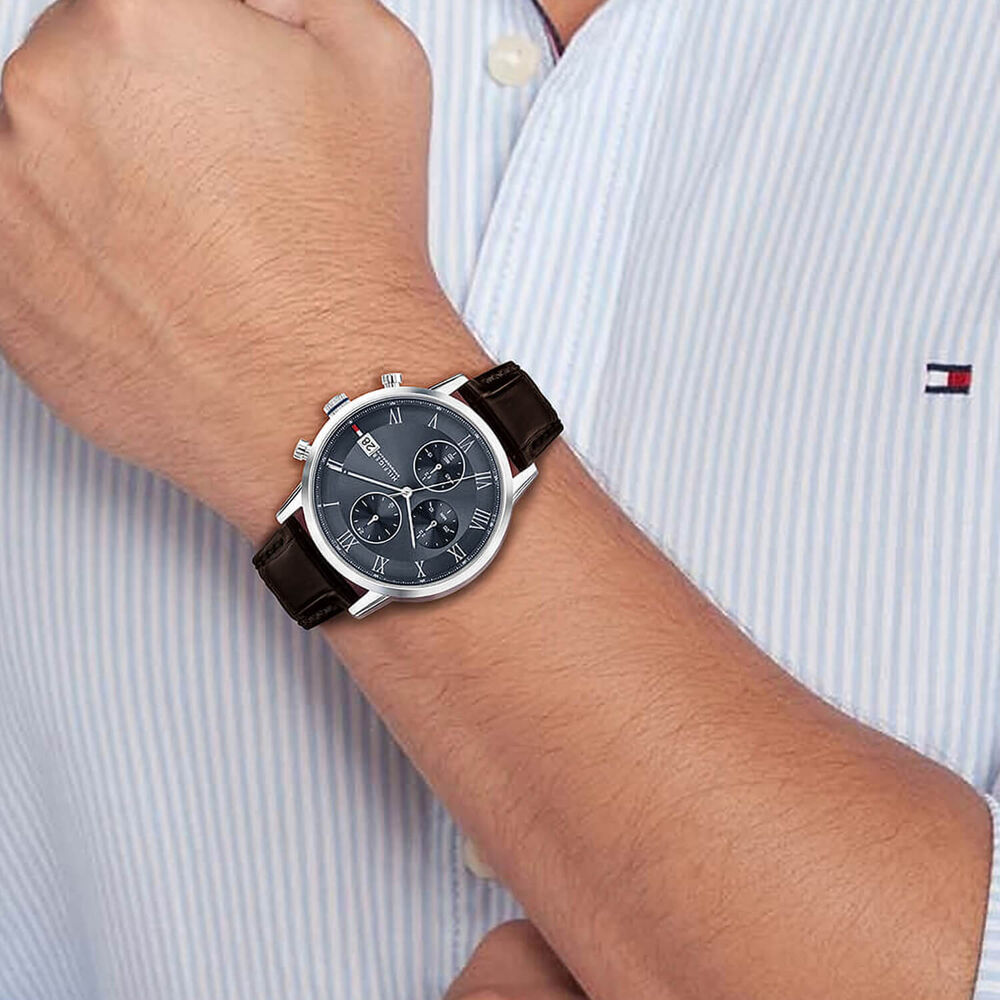Tommy Hilfiger 42mm Navy Blue Dial Dark Brown Leather Strap Watch
