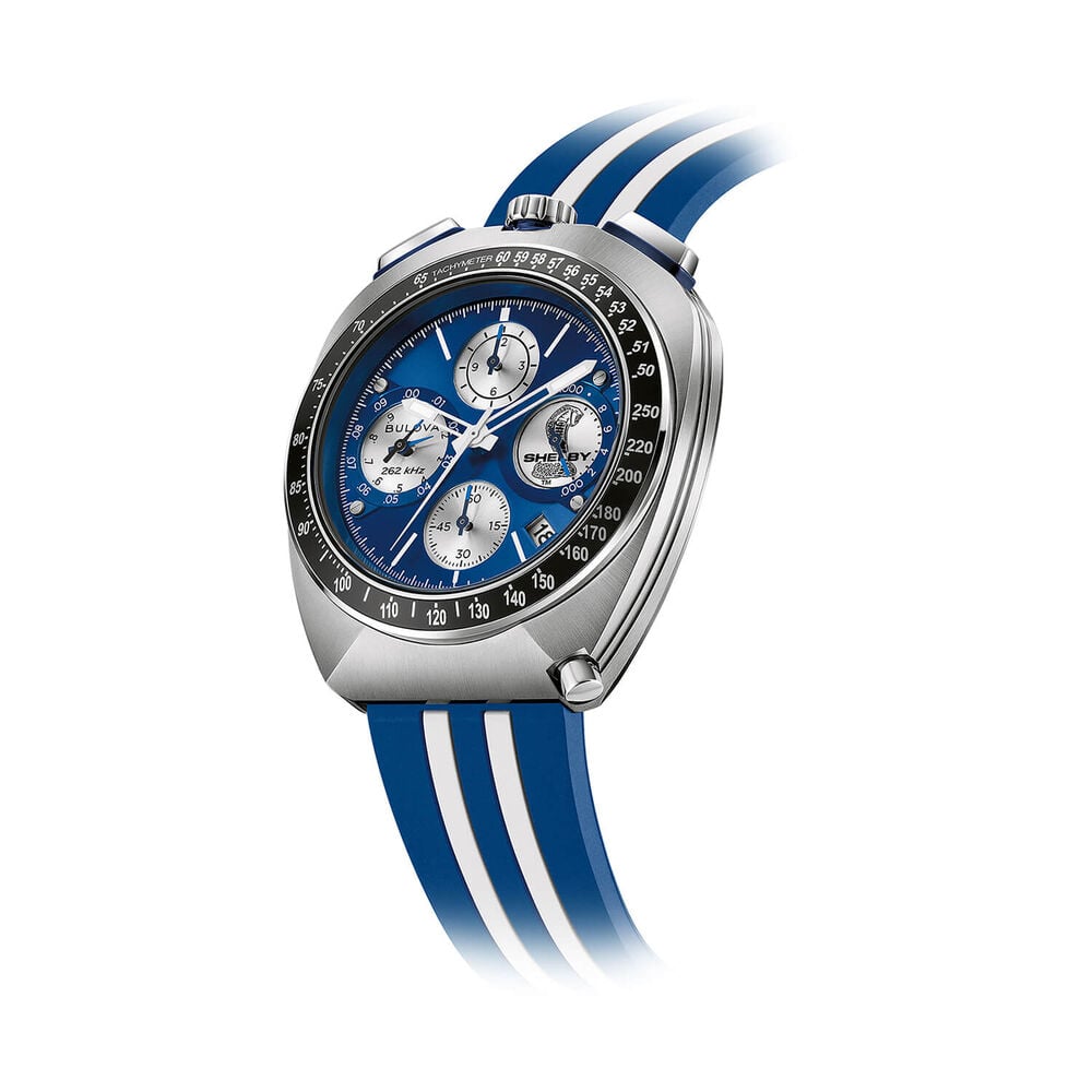 Bulova Shelby Racing Chronograph 43mm Blue Dial Striped Rubber Strap Watch