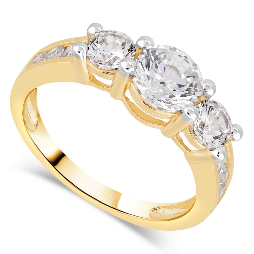 9ct Yellow Gold Graduated Three Stone Cubic Zirconia With  Cubic Zirconia Chain Shoulders Ring
