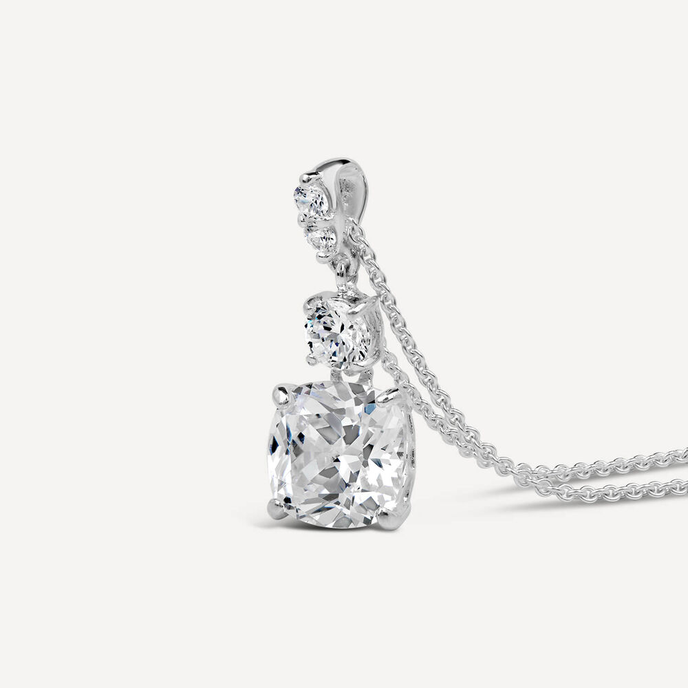 Sterling Silver Cushion Cubic Zirconia Drop With Bar Cubic Zirconia and Round Cubic Zirconia Top Pendant