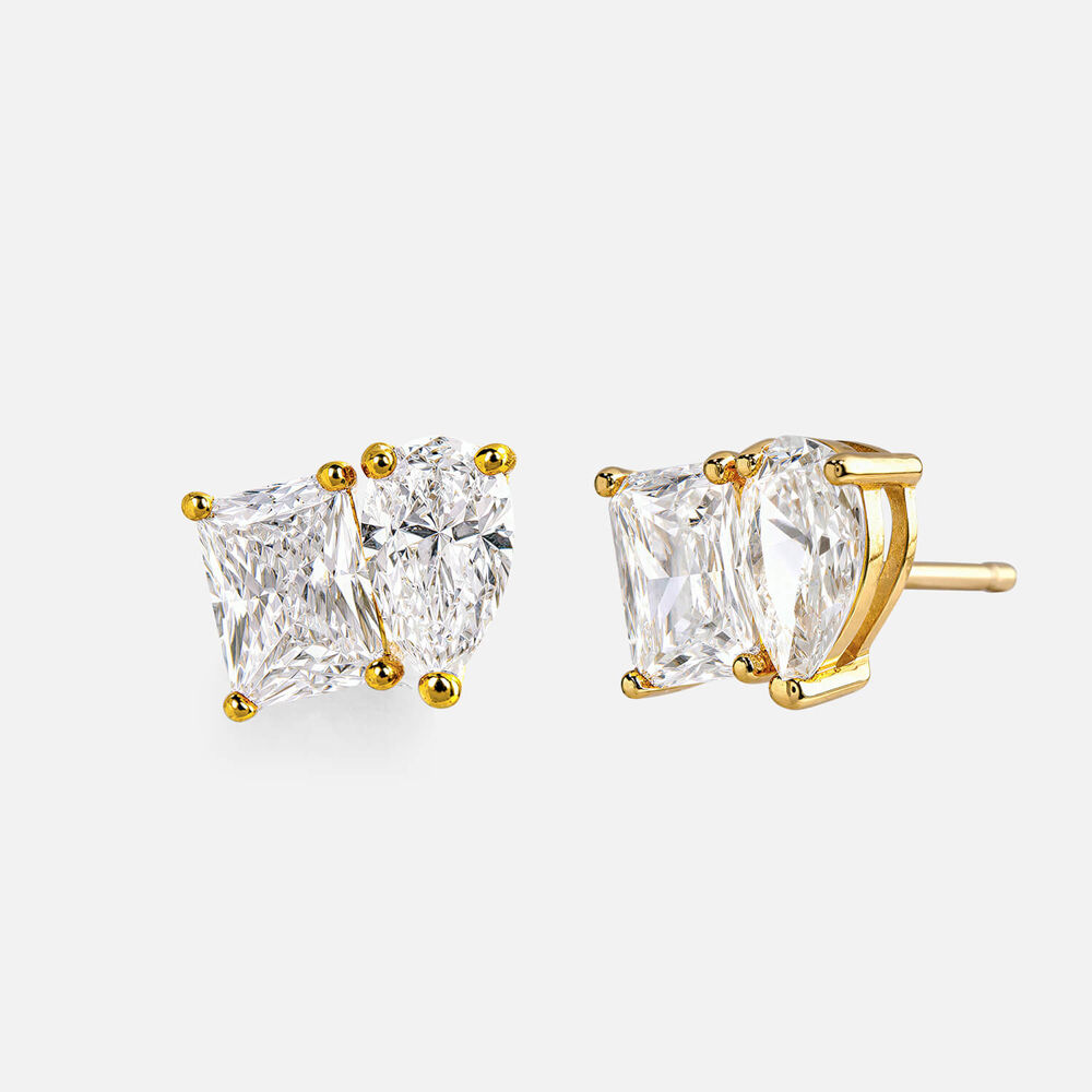 Yellow Gold Plated Sterling Silver Toi et Moi Cubic Zirconia Stud Earrings