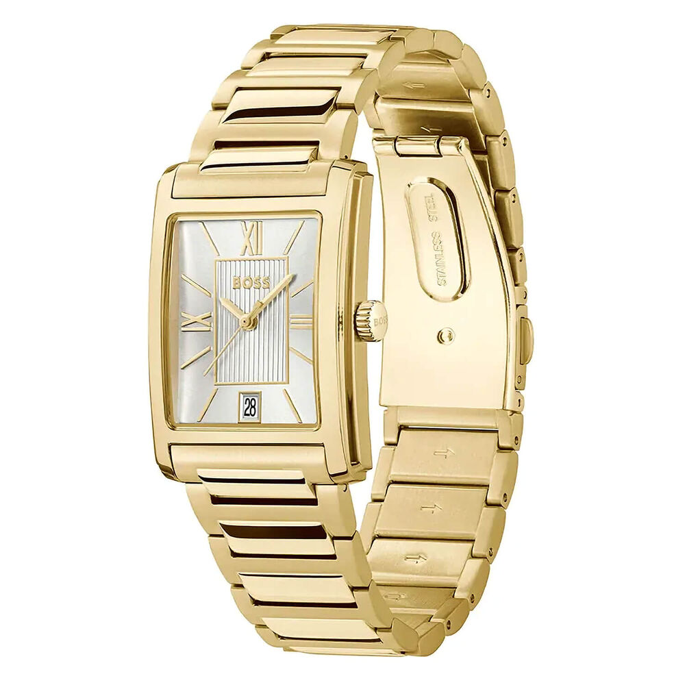 BOSS Principle Dress 28x39mm Rectangular Silver Dial Gold Tone Steel Bracelet Watch image number 1
