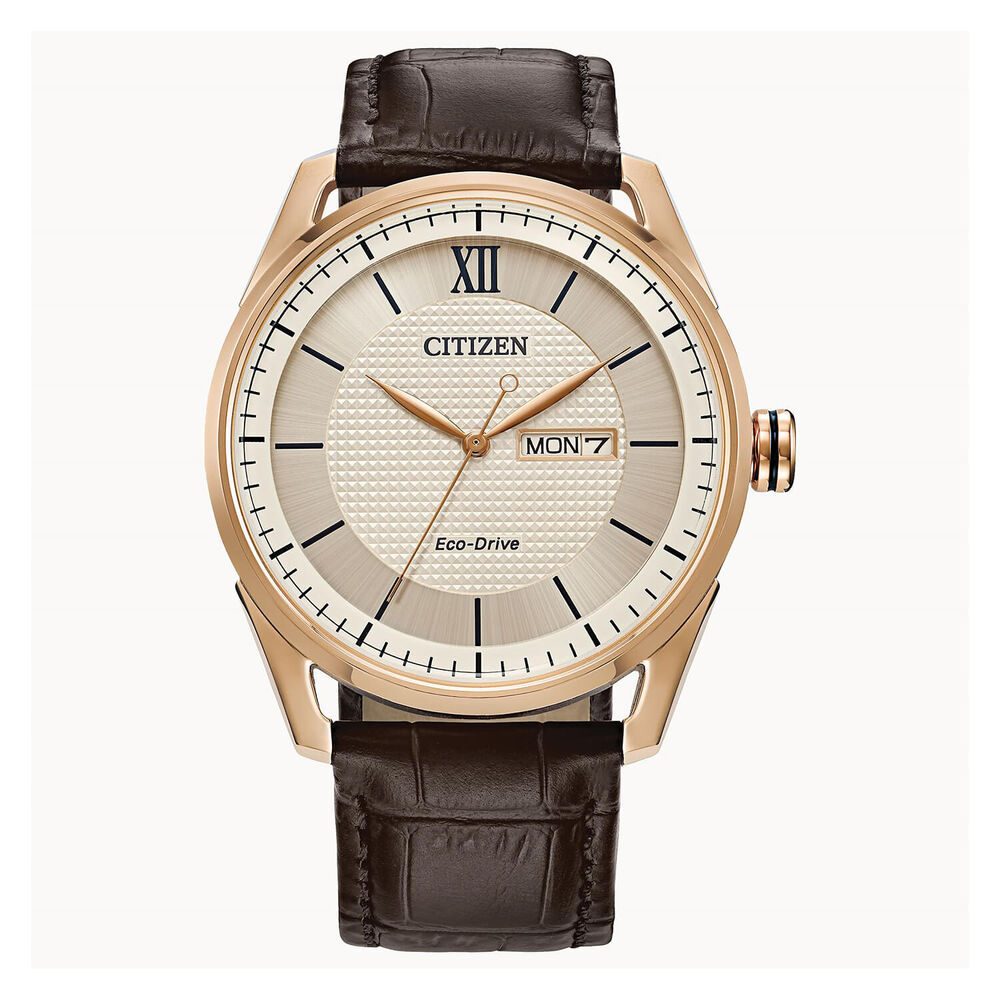 Citizen Eco Drive Champagne Dial Rose Case Brown Leather Strap Watch image number 0