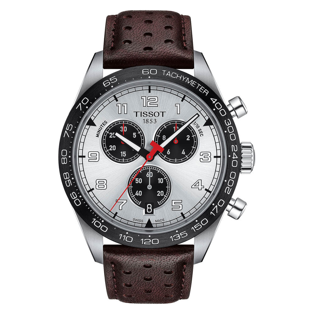 Tissot PRS516 45mm Chronograph Silver Dial Black Bezel Steel Case Brown Strap Watch