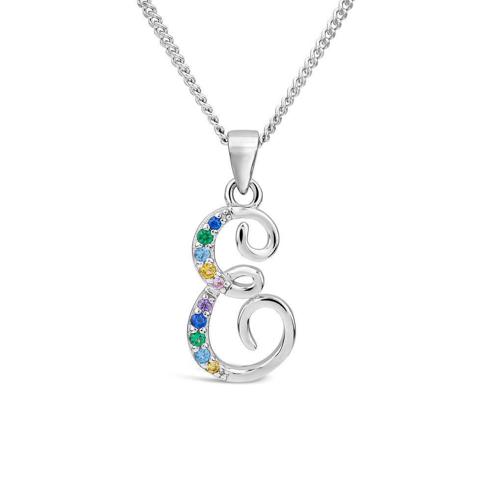 Sterling Silver Coloured Stone Set Initial "E" Pendant - Chain Included image number 0