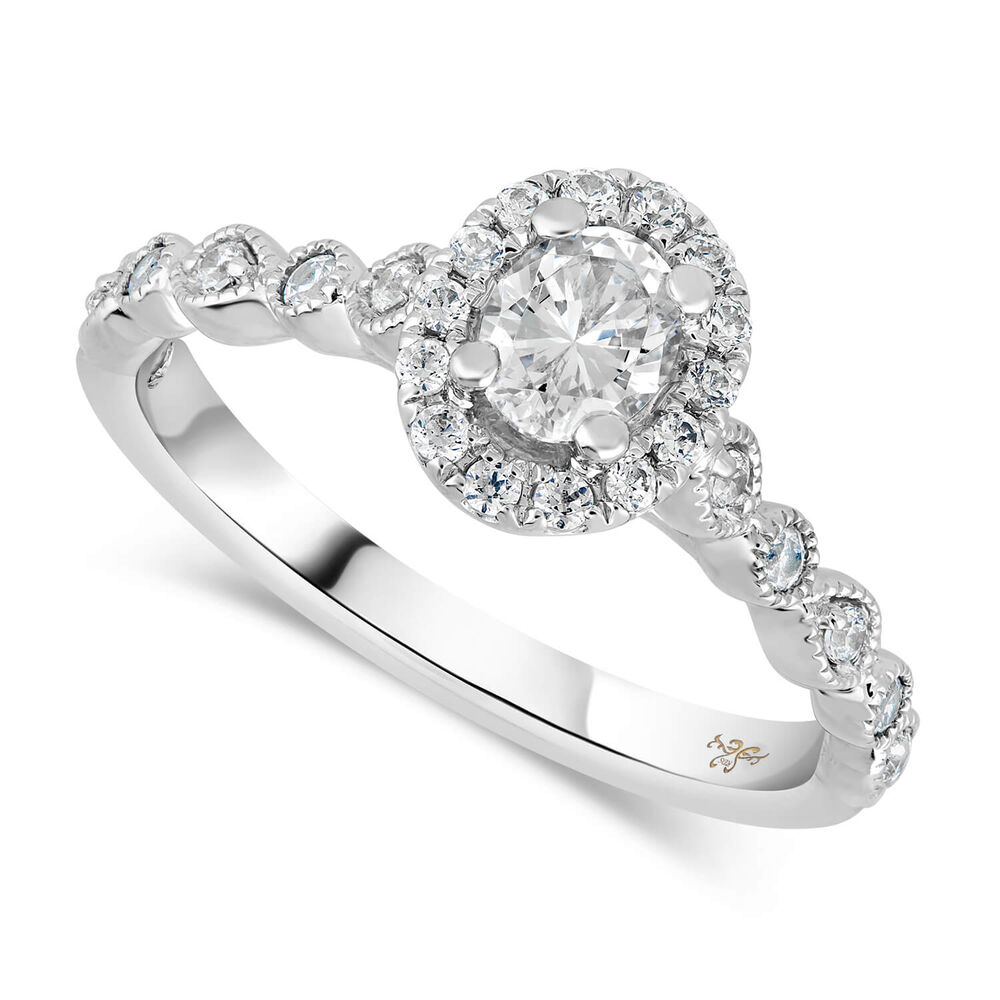 Kathy de Stafford 18ct White Gold "Freya" Vintage Oval Halo Pave Round Marquise Shoulders 0.50ct Ring image number 0