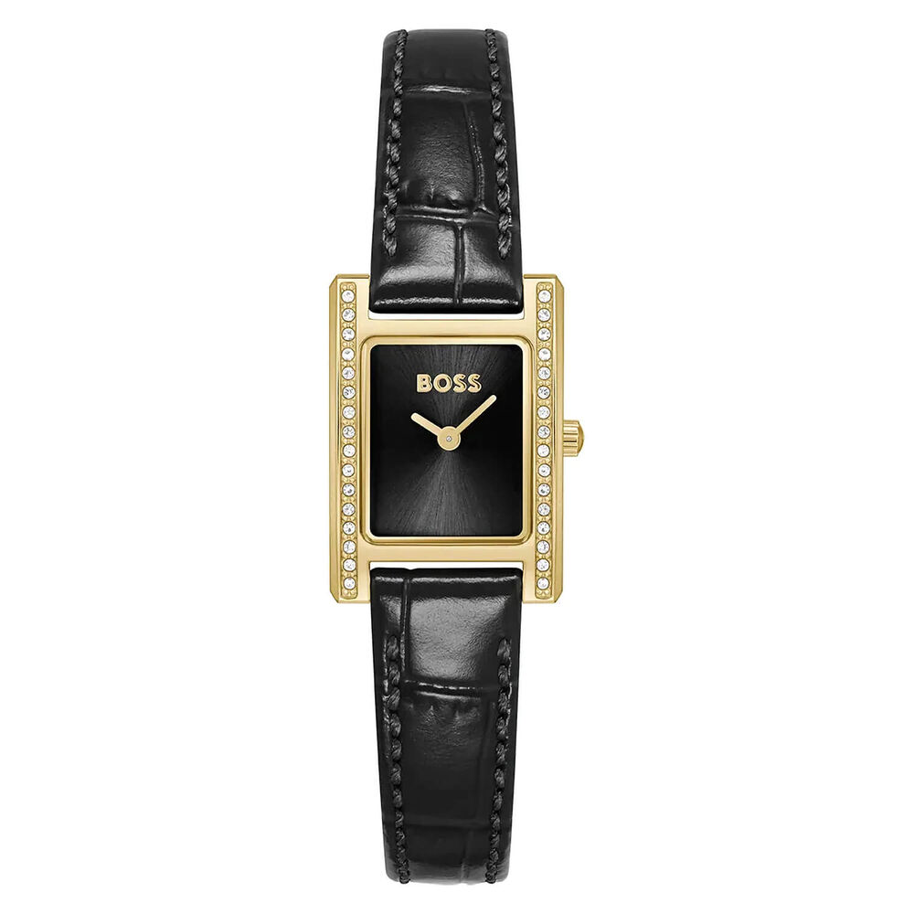 BOSS Lucy Precious 18mm Rectangular Black Dial Black Leather Strap Watch image number 0
