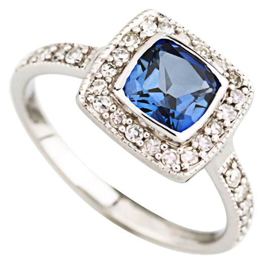 9ct White Gold Created Sapphire Diamond Set Surrounding & Shoulders Dress Ring