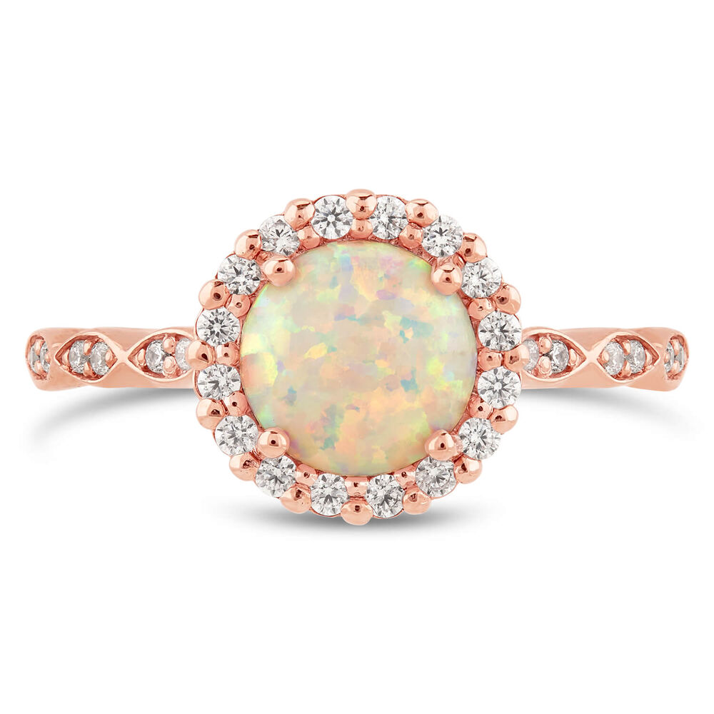 9ct Rose Gold Created Opal Cubic Zirconia Halo & Fancy Sides Ring