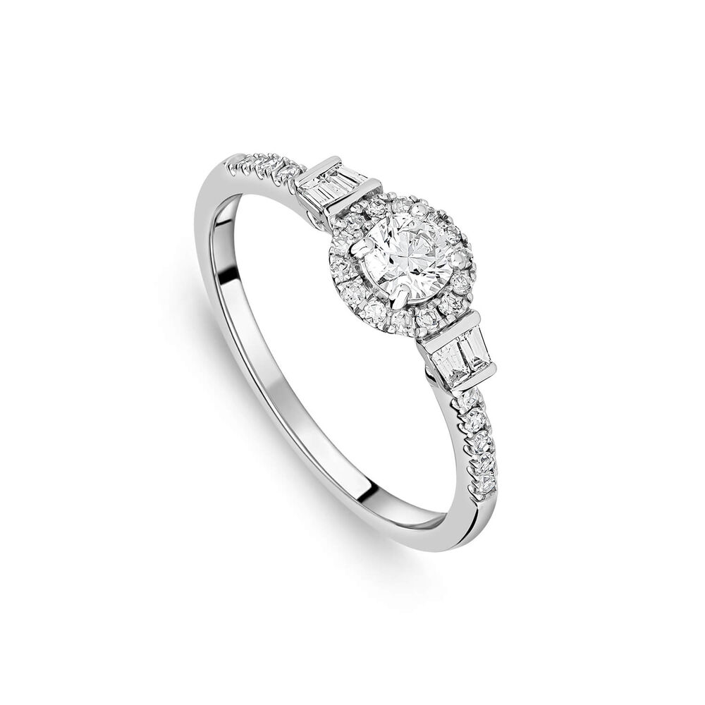 18ct White Gold 0.49ct Diamond Halo Baguette Shoulders Ring image number 0