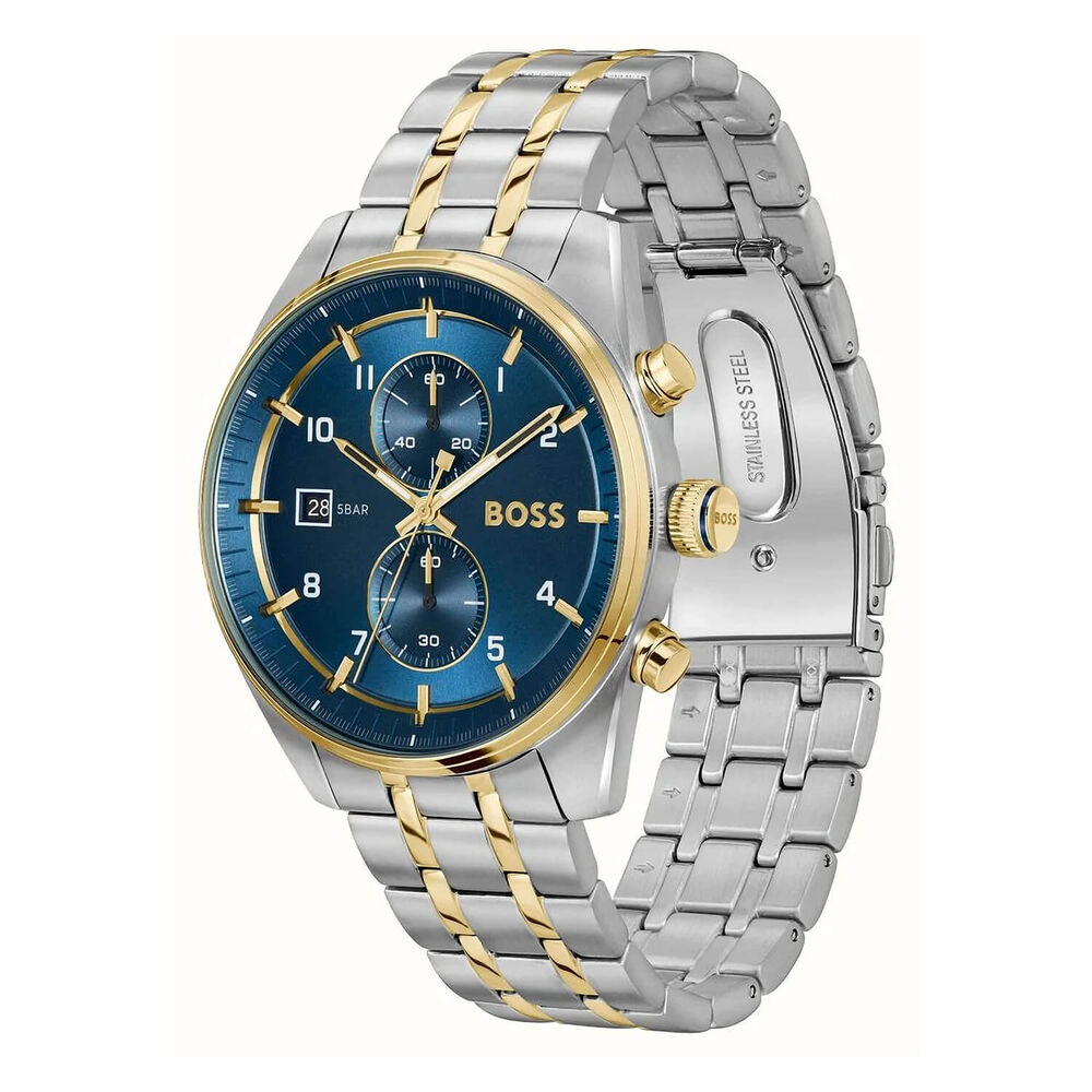 BOSS Skytraveller Chronograph 44mm Blue Dial Gold Tone Bezel & Bracelet Watch