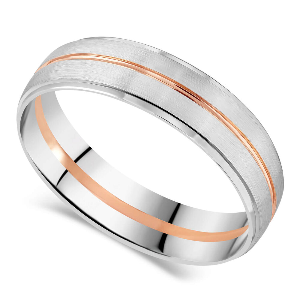 9ct White Gold Rose Detail Mens 6mm Wedding Band