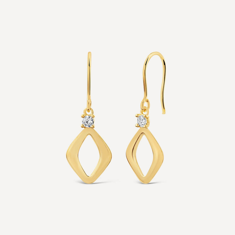 9ct Yellow Gold Open Polished Diamond Shape & Cubic Zirconia Top Drop Earrings