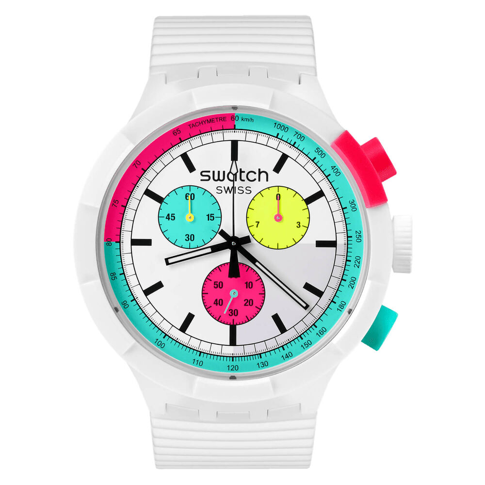 Swatch The Purity of Neon 44.80mm White Dial Silicone Strap Watch image number 1