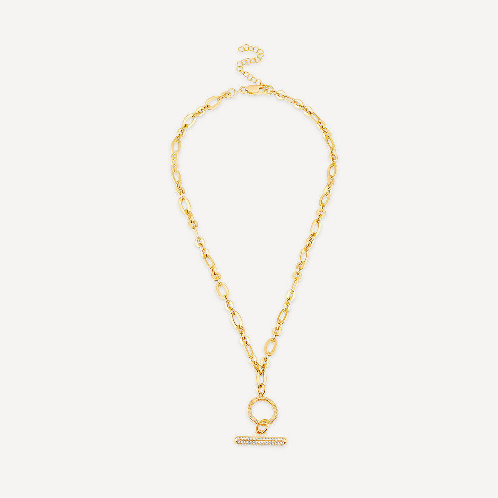 Sterling Silver & Yellow Gold Plated Figaro Cubic Zirconia T-Bar Necklet image number 2