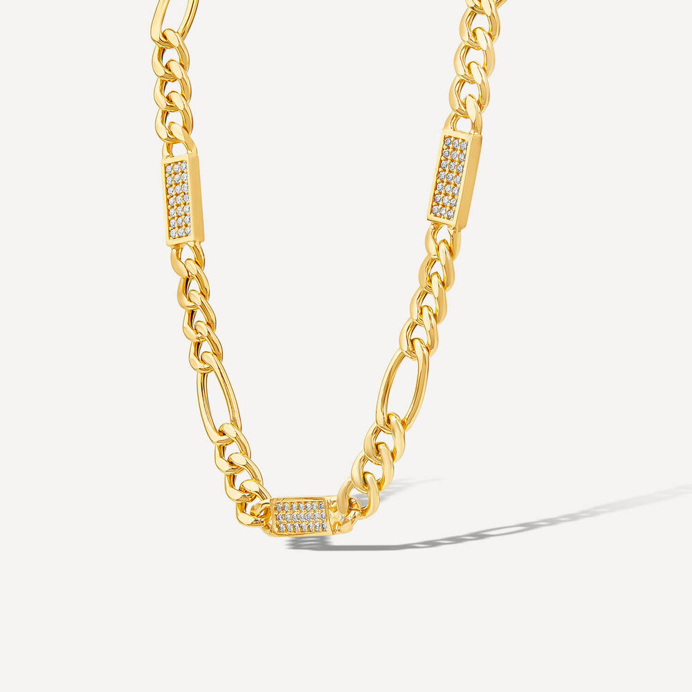 Silver & Yellow Gold Plated Figaro & Cubic Zirconia Bar Centre Necklet image number 1