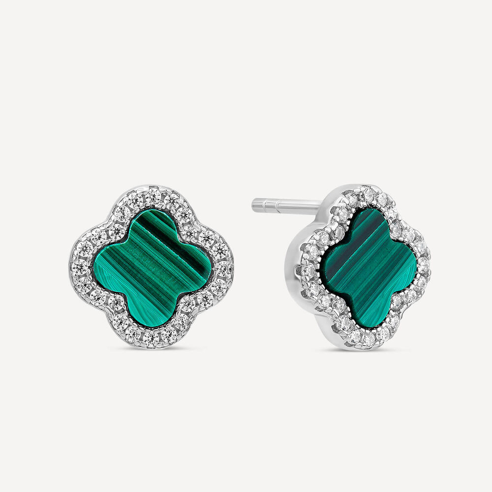 Sterling Silver Malachite & Cubic Zirconia Clover Petal Stud Earrings image number 1