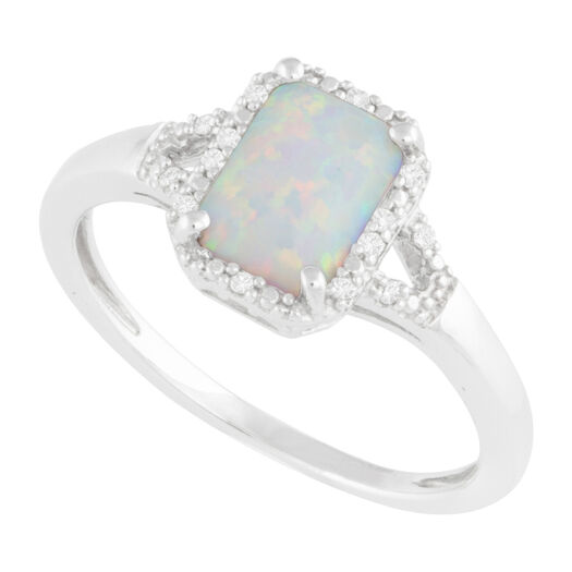 Ladies' 9ct White Gold, Opal and Diamond Dress Ring