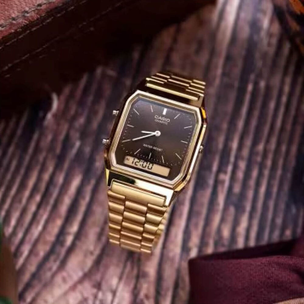Casio Vintage 38.8x29.8mm Brown Dial Dual Display Gold Tone Stainless Steel Bracelet Watch