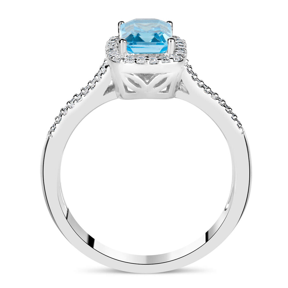 9ct White Gold 0.20ct Diamond and Blue Topaz Emerald Halo Ring image number 2