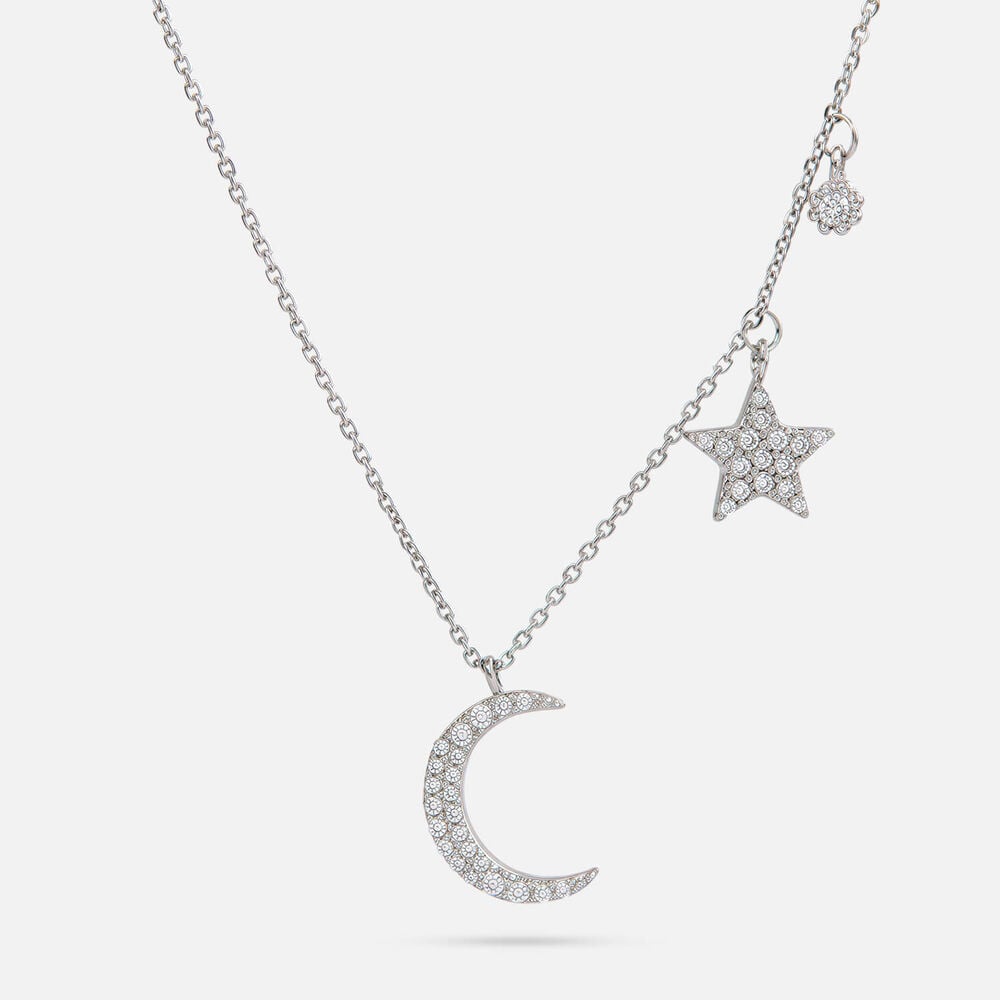 Sterling Silver Cubic Zirconia Set Moon & Star Charm Necklet