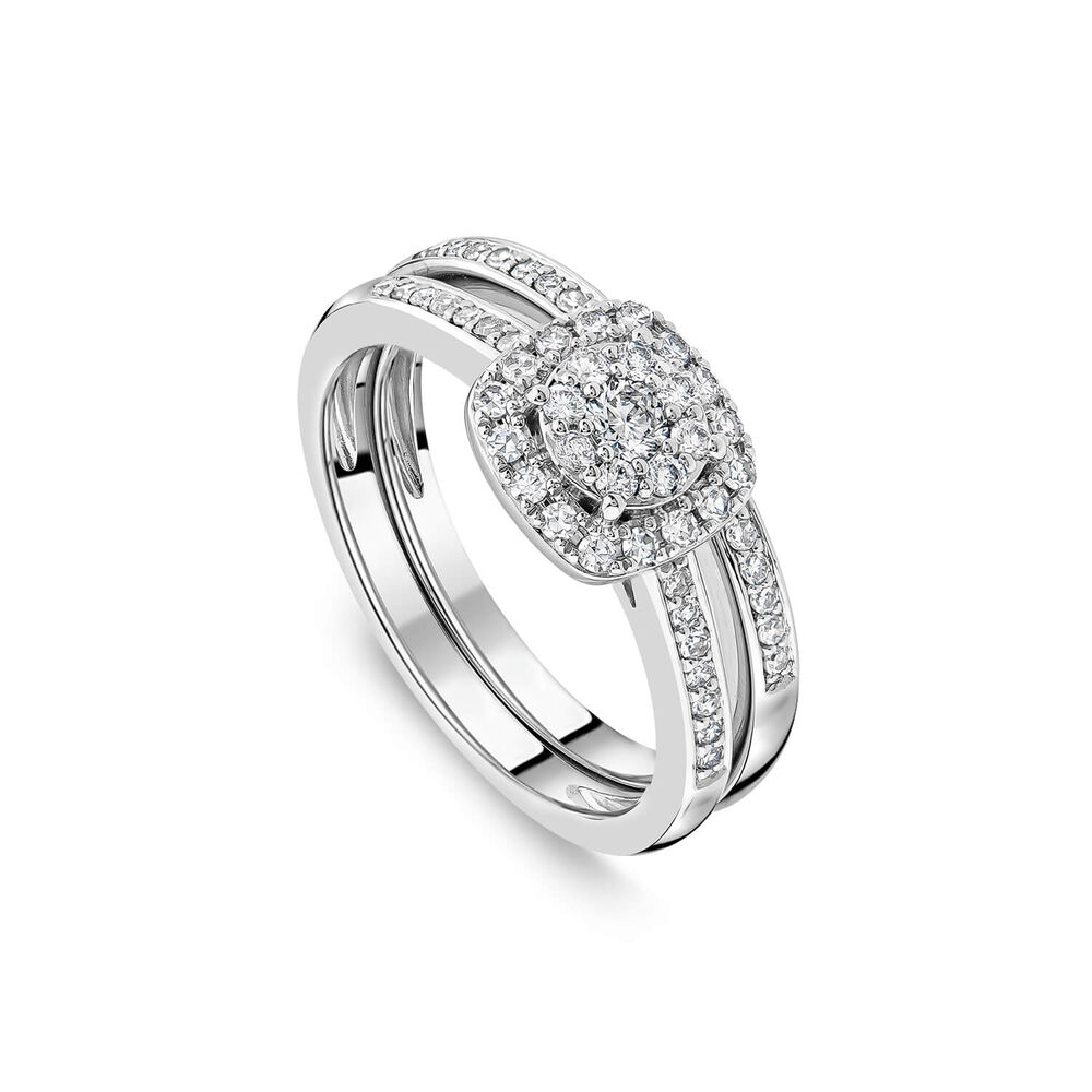 9ct White Gold 0.45ct Square Cluster Halo & Diamond Shoulders Bridal Set image number 0