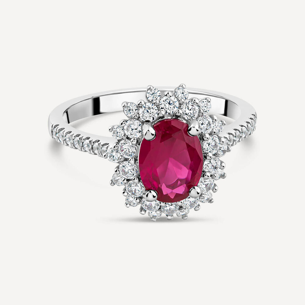 Platinum Oval Ruby Centre 0.60ct Diamond Double Halo & Shoulders Ring image number 2