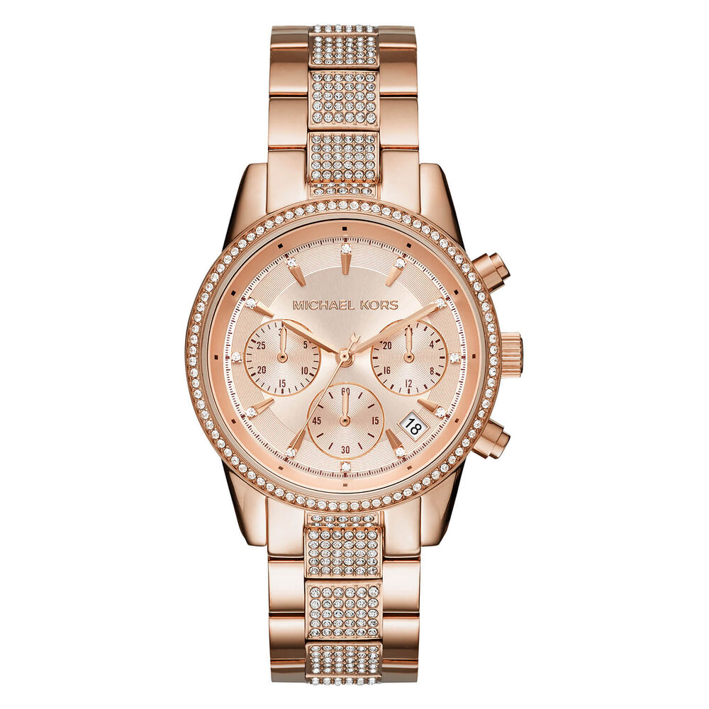 Michael Kors Ritz 37mm Rose Dial Cubic Zirconia Set Rose Gold IP Case Bracelet Watch