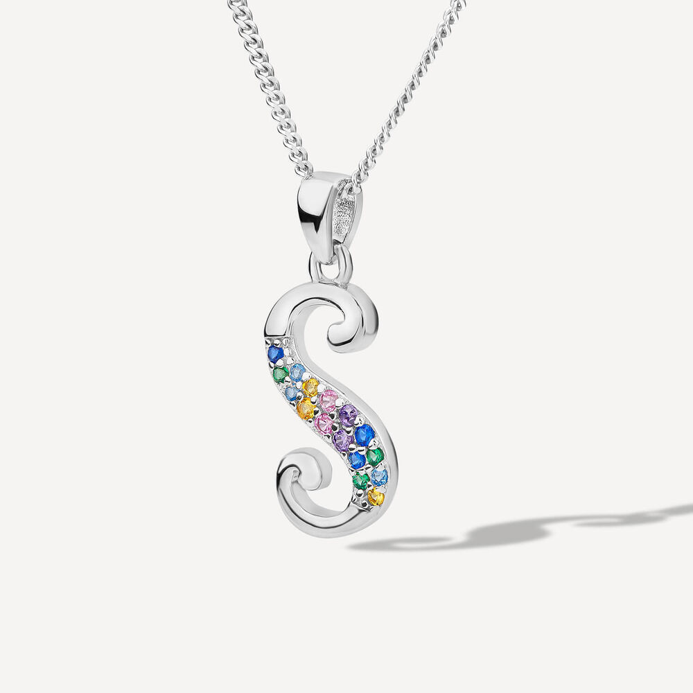 Sterling Silver Coloured Stone Set Initial S Pendant (Chain Included)
