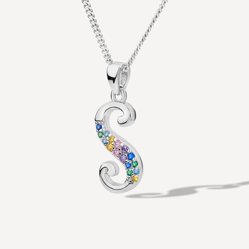 Sterling Silver Coloured Stone Set Initial "S" Pendant - Chain Included