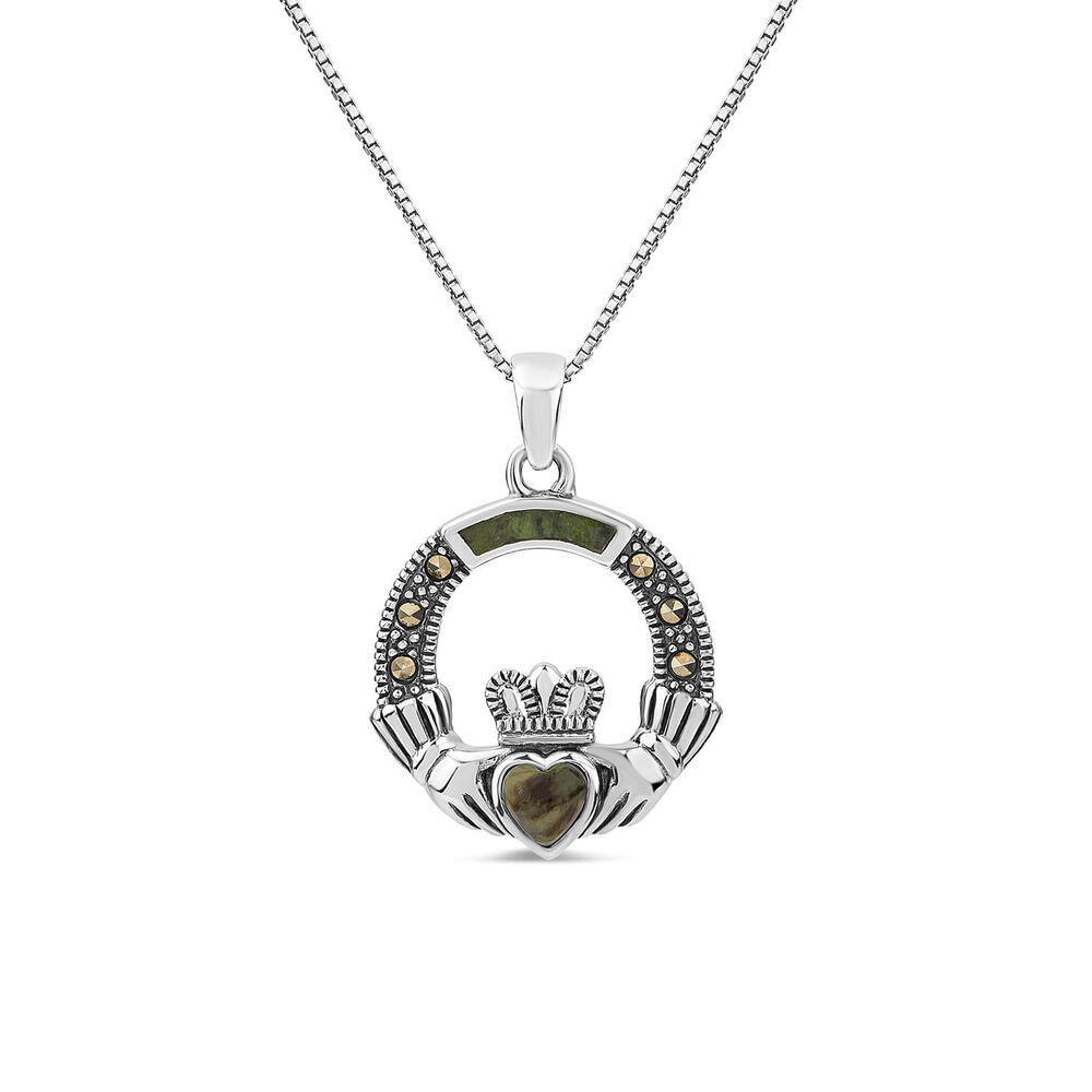 Sterling Silver Marcasite & Marble Claddagh Pendant