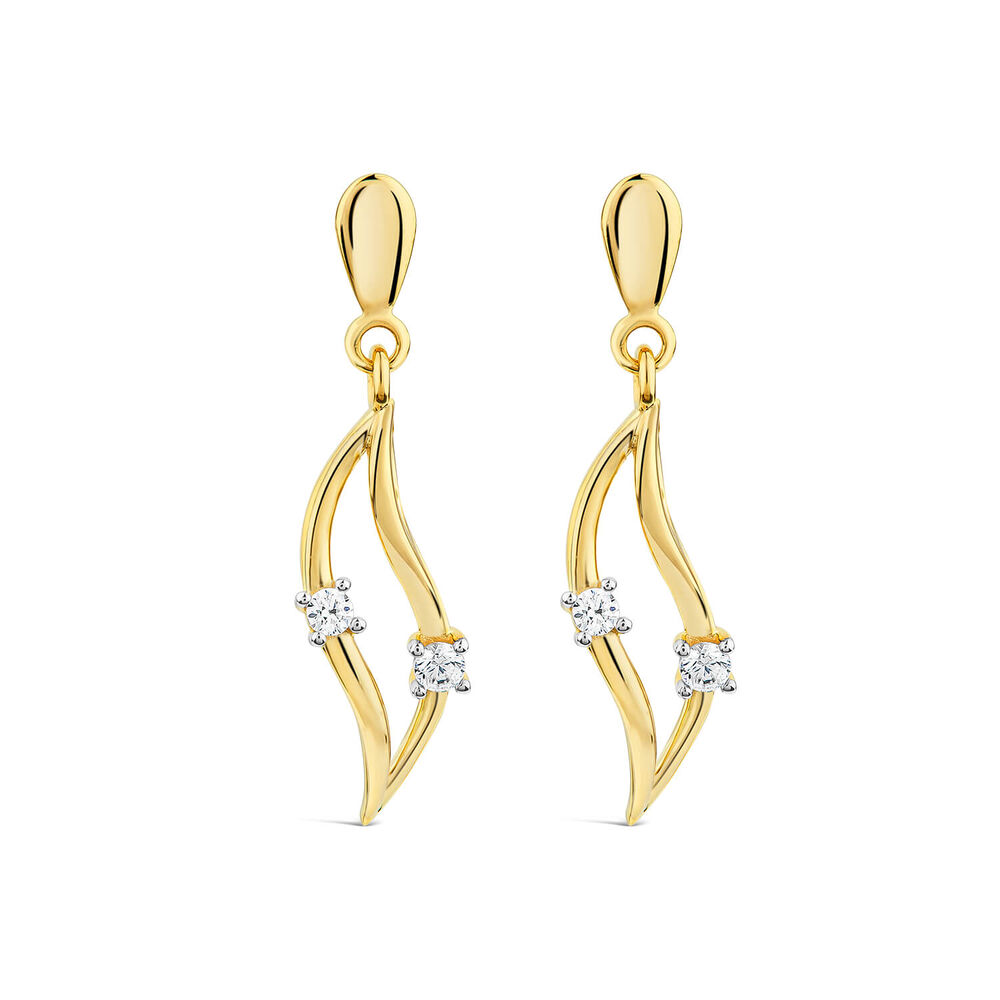 9ct Yellow Gold 2 Cubic Zirconia Set Open Wave Drop Earrings
