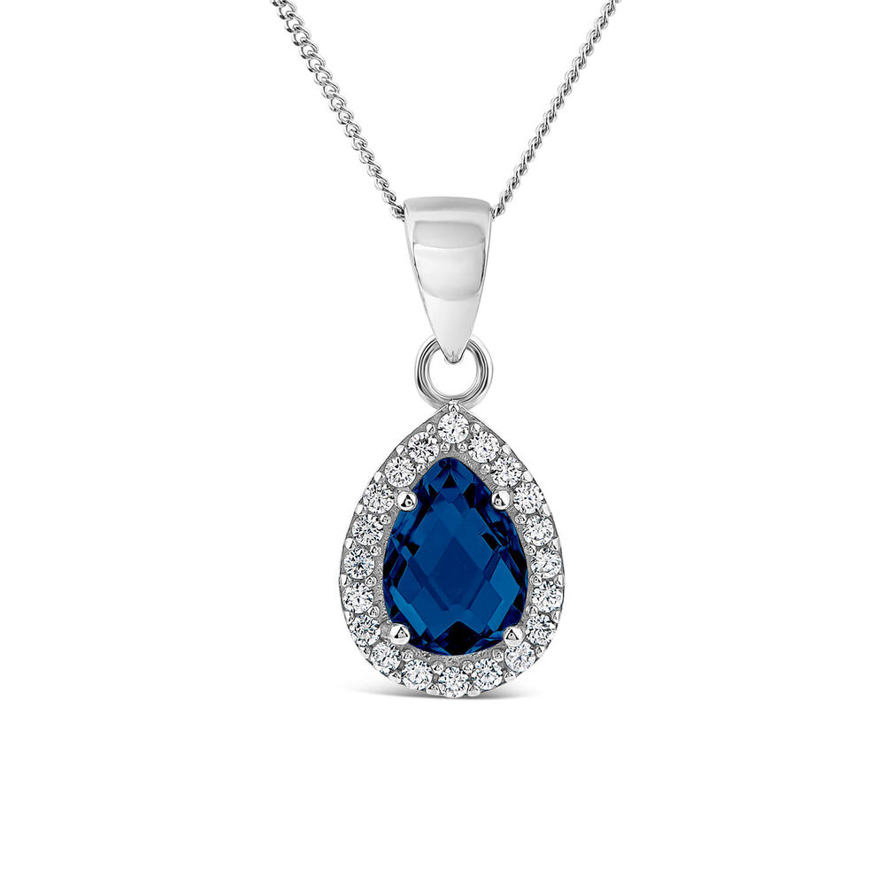 9ct White Gold Created Pear Sapphire & Cubic Zirconia Pendant image number 0