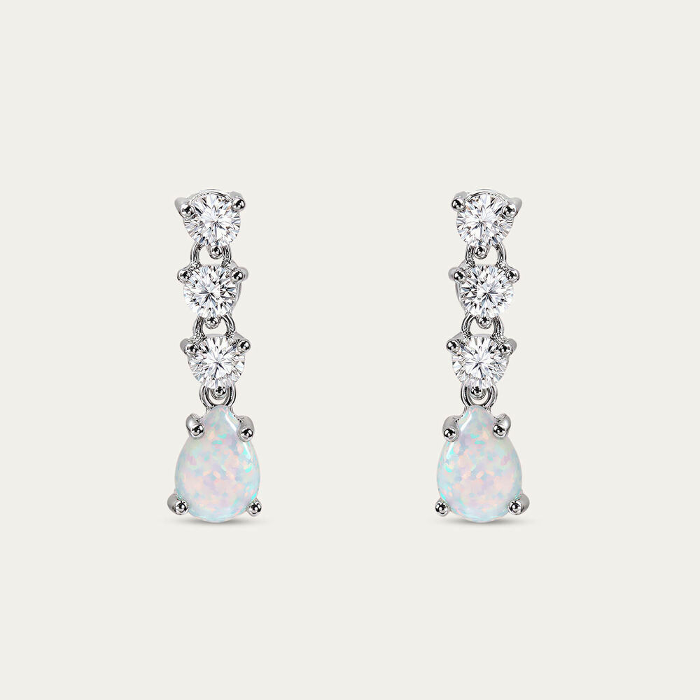 Sterling Silver Pear Opal 3 White Cubic Zirconia Top Drop Earrings