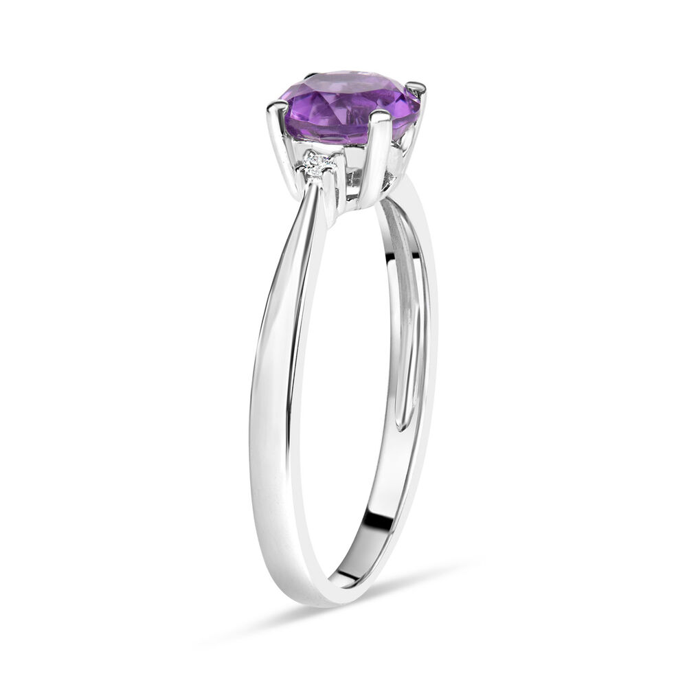 9ct White Gold Round Amethyst Centre 0.02ct Diamond Side Ring image number 3
